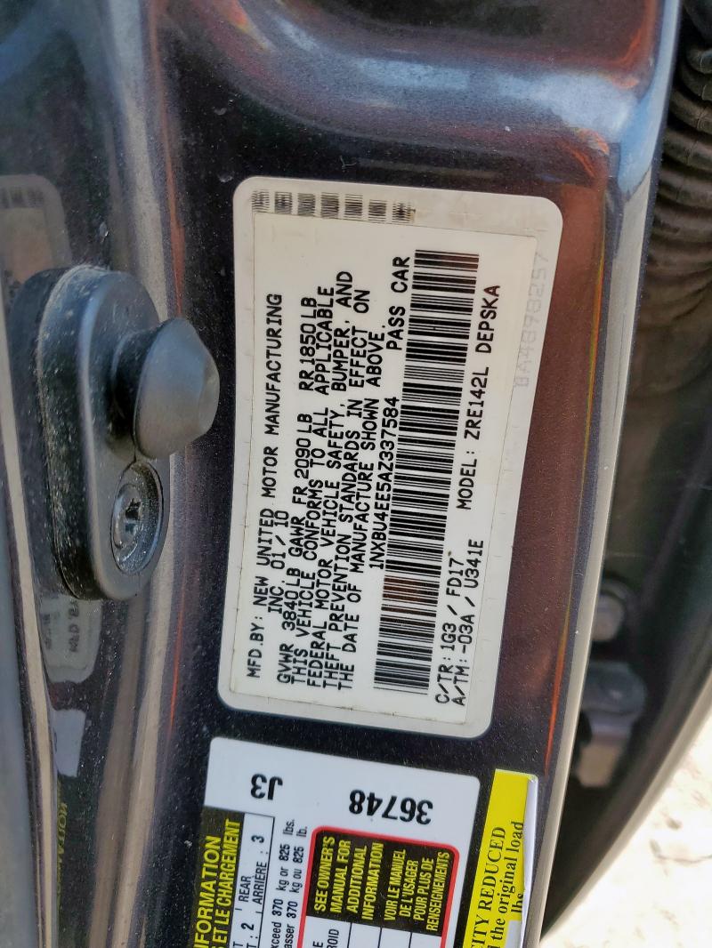 1NXBU4EE5AZ337584 - 2010 TOYOTA COROLLA BASE GRAY photo 13