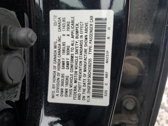 2HGFB2F56CH336255 - 2012 HONDA CIVIC LX BLACK photo 12