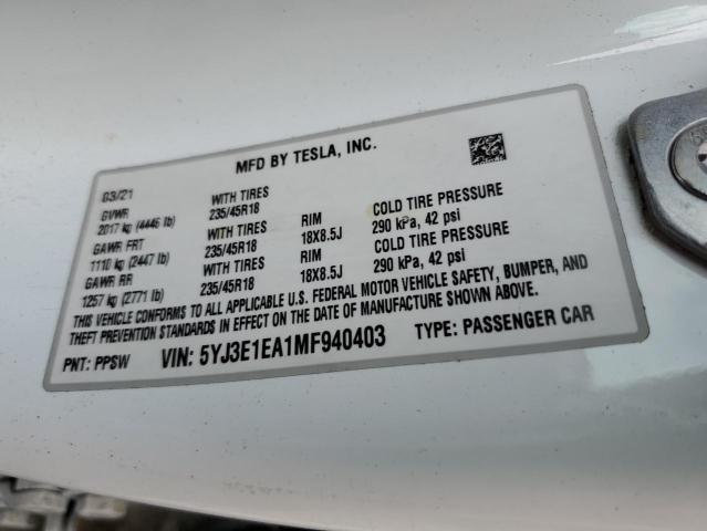 5YJ3E1EA1MF940403 - 2021 TESLA MODEL 3 WHITE photo 12