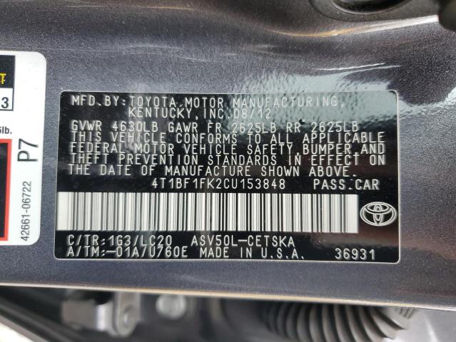 4T1BF1FK2CU153848 - 2012 TOYOTA CAMRY BASE GRAY photo 12