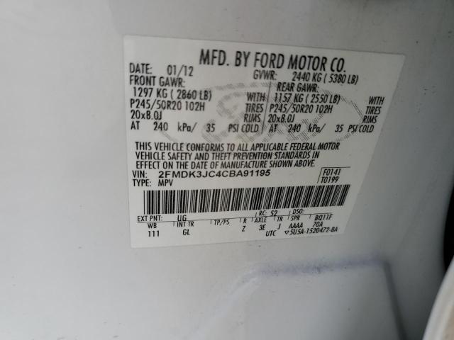 2FMDK3JC4CBA91195 - 2012 FORD EDGE SEL 白色 照片 12