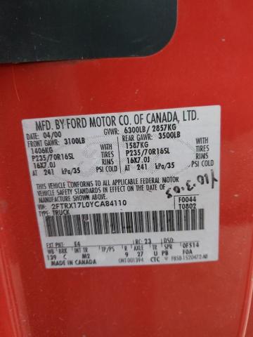 2FTRX17L0YCA84110 - 2000 FORD F150 RED photo 12