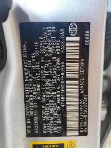 4T4BF1FK0GR580358 - 2016 TOYOTA CAMRY LE SILVER photo 12