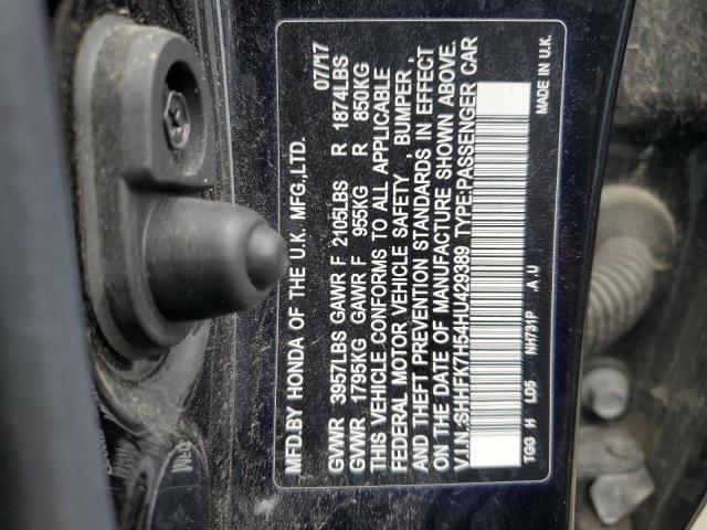 SHHFK7H54HU429389 - 2017 HONDA CIVIC EX BLACK photo 12