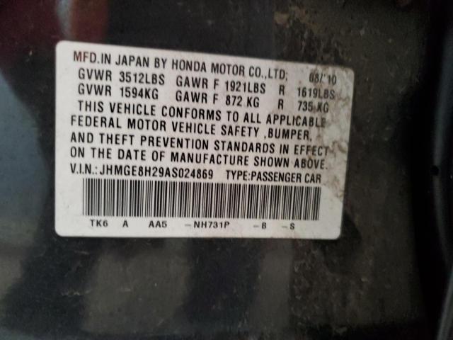 JHMGE8H29AS024869 - 2010 HONDA FIT BLACK photo 12