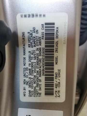 1NXBU40E99Z151632 - 2009 TOYOTA COROLLA BASE ოქროსფერი ფოტო 12