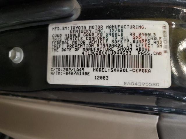 4T1BG28KX1U044633 - 2001 TOYOTA CAMRY CE BLACK photo 12