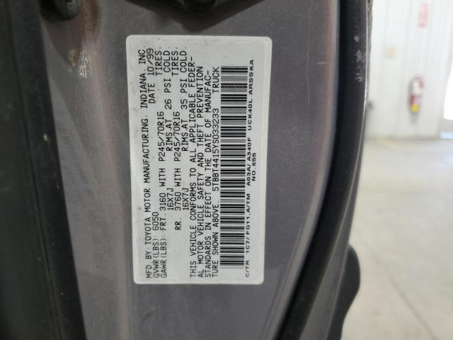 5TBBT4415YS033233 - 2000 TOYOTA TUNDRA ACCESS CAB ნაცრისფერი ფოტო 12