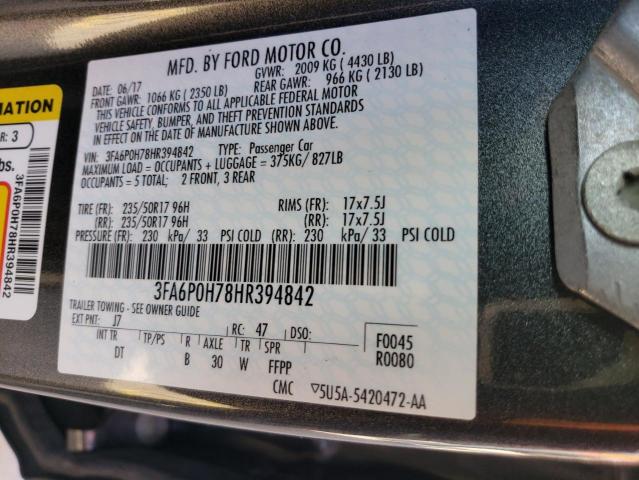 3FA6P0H78HR394842 - 2017 FORD FUSION SE GRAY photo 12