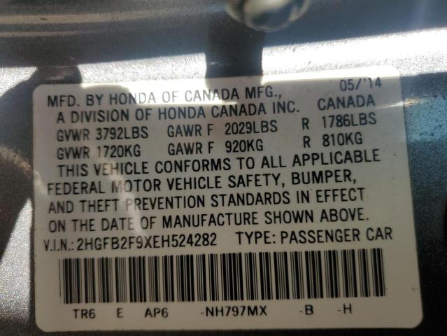 2HGFB2F9XEH524282 - 2014 HONDA CIVIC EXL GRAY photo 13