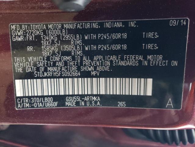 5TDJKRFH5FS092664 - 2015 TOYOTA HIGHLANDER XLE Tünd qırmızı foto 14