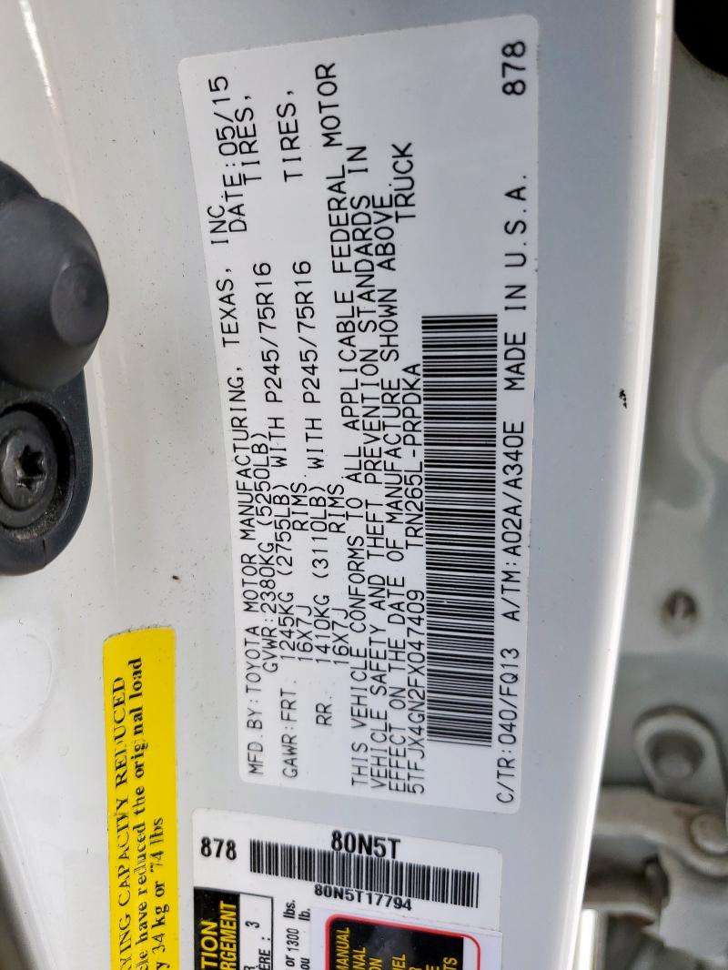 5TFJX4GN2FX047409 - 2015 TOYOTA TACOMA DOUBLE CAB PRERUNNER WHITE photo 12