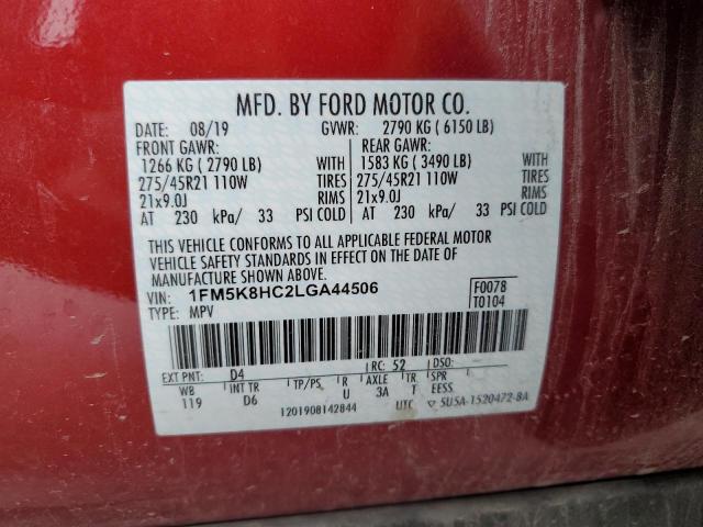 1FM5K8HC2LGA44506 - 2020 FORD EXPLORER PLATINUM RED photo 14