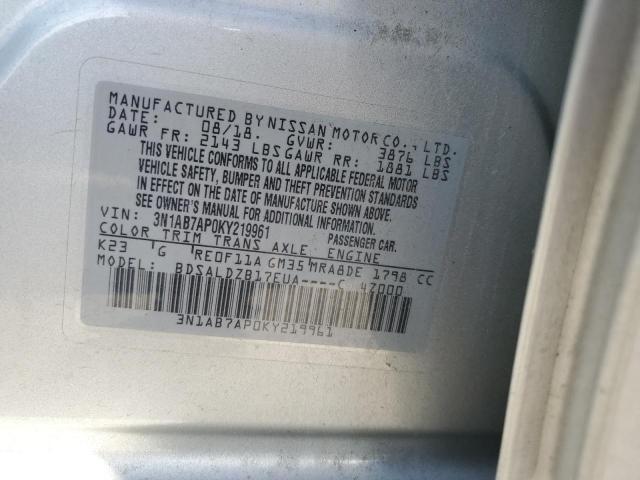 3N1AB7AP0KY219961 - 2019 NISSAN SENTRA S SILVER photo 12