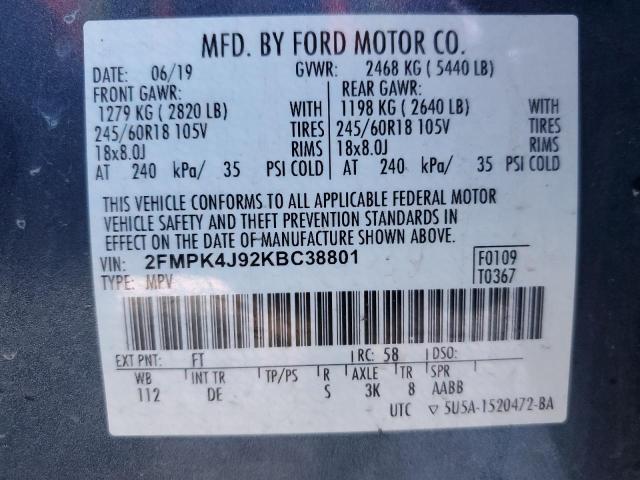 2FMPK4J92KBC38801 - 2019 FORD EDGE SEL BLUE photo 13