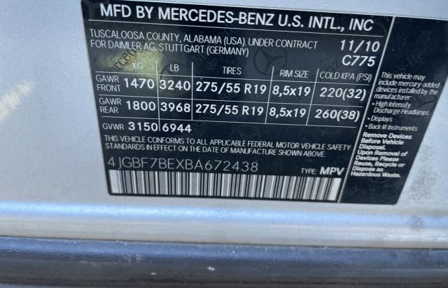 4JGBF7BEXBA672438 - 2011 MERCEDES-BENZ GL 450 4MATIC SILVER photo 10