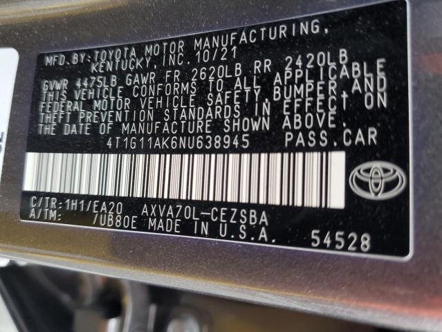 4T1G11AK6NU638945 - 2022 TOYOTA CAMRY SE GRAY photo 12