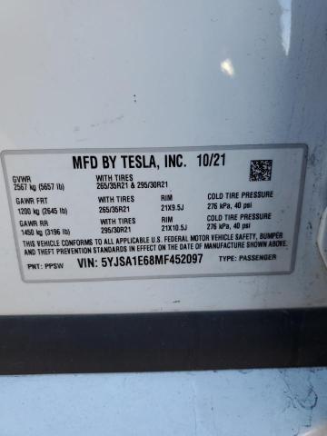 5YJSA1E68MF452097 - 2021 TESLA MODEL S თეთრი ფოტო 12