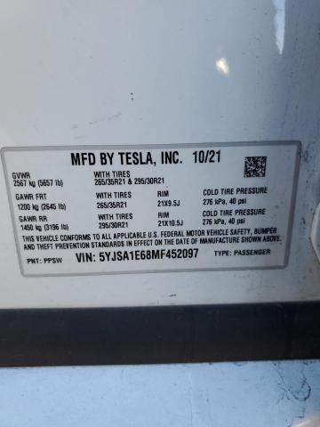 5YJSA1E68MF452097 - 2021 TESLA MODEL S WHITE photo 12