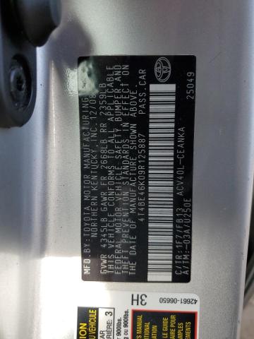 4T4BE46K09R125887 - 2009 TOYOTA CAMRY BASE SILVER photo 12