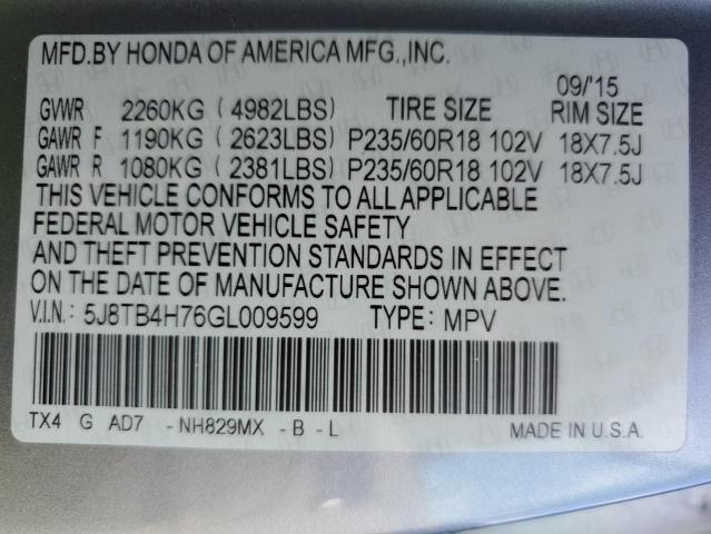 5J8TB4H76GL009599 - 2016 ACURA RDX ADVANCE GRAY photo 13