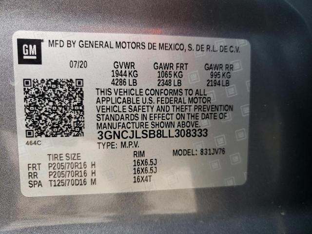 3GNCJLSB8LL308333 - 2020 CHEVROLET TRAX 1LT GRAY photo 13