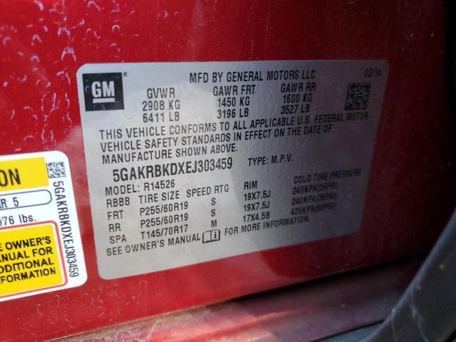 5GAKRBKDXEJ303459 - 2014 BUICK ENCLAVE RED photo 12