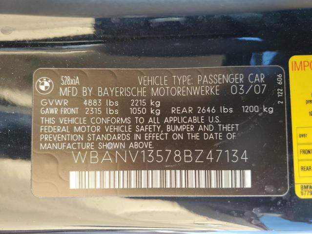 WBANV13578BZ47134 - 2008 BMW 528 XI BLACK photo 12