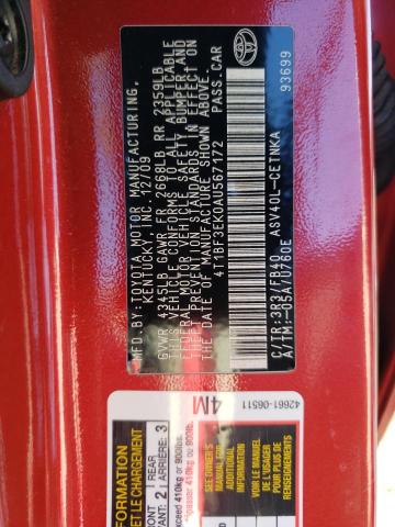 4T1BF3EK0AU567172 - 2010 TOYOTA CAMRY BASE RED photo 12