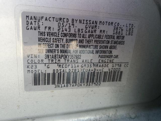 3N1AB7AP0KY357922 - 2019 NISSAN SENTRA S SILVER photo 12