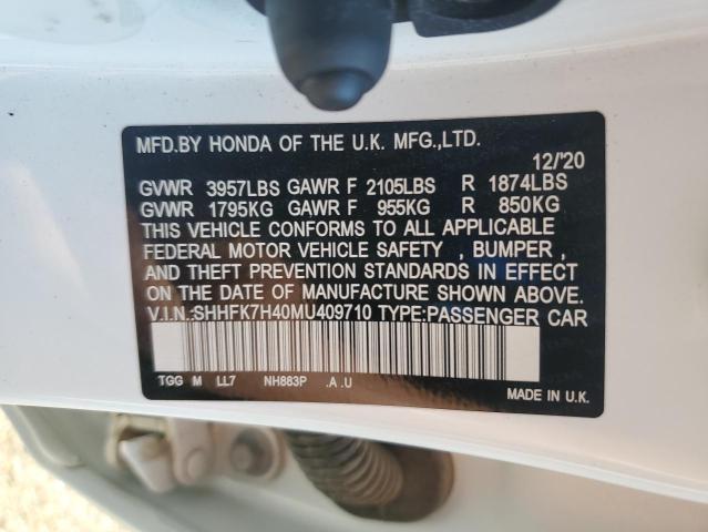SHHFK7H40MU409710 - 2021 HONDA CIVIC SPORT თეთრი ფოტო 12
