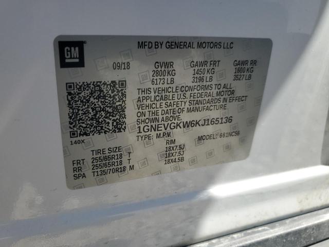 1GNEVGKW6KJ165136 - 2019 CHEVROLET TRAVERSE LT Beyaz fotoğraf 14