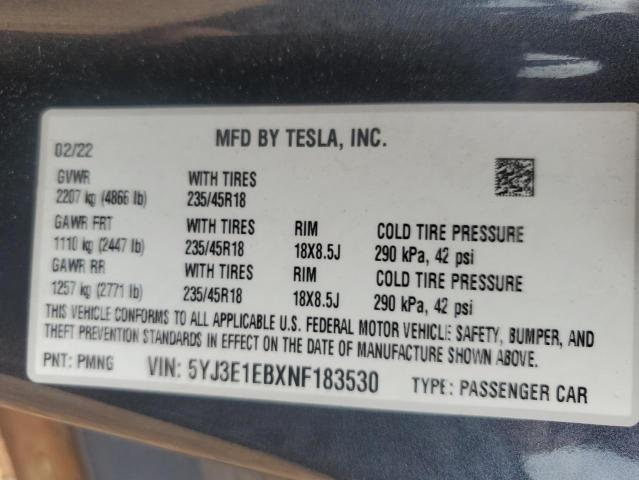 5YJ3E1EBXNF183530 - 2022 TESLA MODEL 3 灰色 照片 13