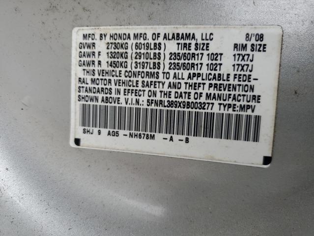 5FNRL389X9B003277 - 2009 HONDA ODYSSEY TOURING Plata foto 14