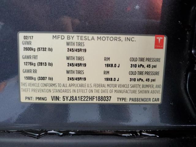 5YJSA1E22HF188037 - 2017 TESLA MODEL S GRAY photo 12