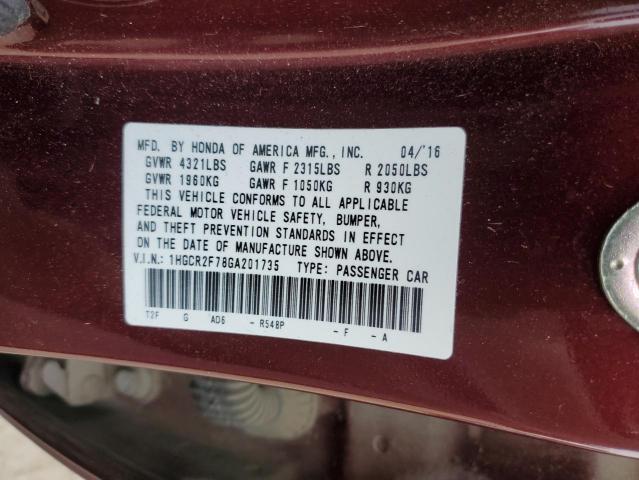 1HGCR2F78GA201735 - 2016 HONDA ACCORD EX RED photo 12