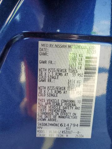 5N1DR2MN0KC614794 - 2019 NISSAN PATHFINDER S Bleu photo 14