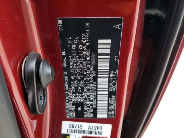 5TDZK22CX8S159136 - 2008 TOYOTA SIENNA XLE RED photo 12