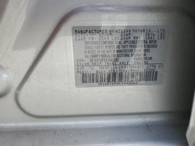 3N1AB7APXKY440662 - 2019 NISSAN SENTRA S 银色 照片 12