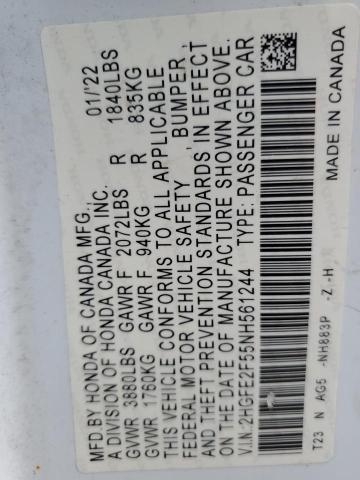 2HGFE2F55NH561244 - 2022 HONDA CIVIC SPORT 白色 照片 12