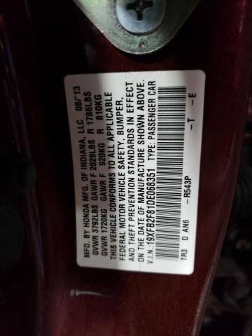 19XFB2F81DE068351 - 2013 HONDA CIVIC EX BURGUNDY photo 13