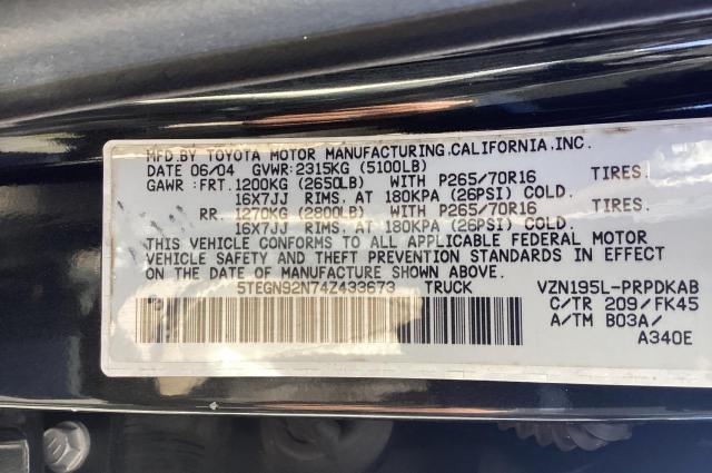 5TEGN92N74Z433673 - 2004 TOYOTA TACOMA DOUBLE CAB PRERUNNER BLACK photo 10