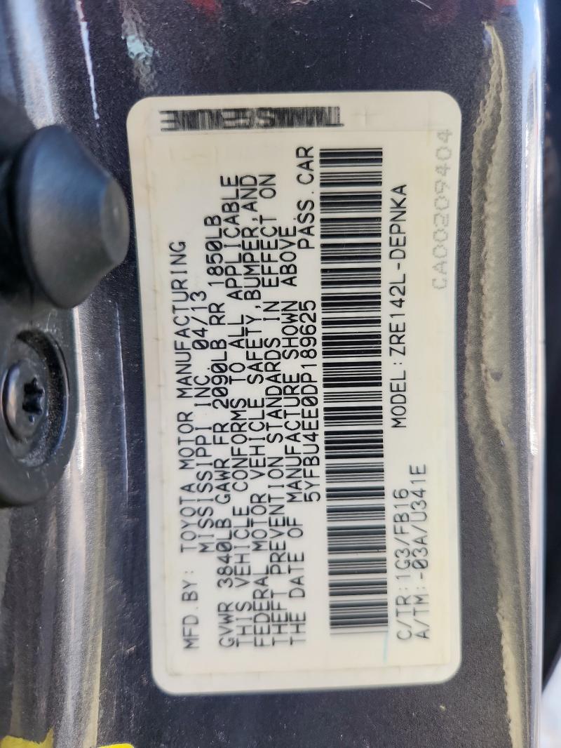 5YFBU4EE0DP189625 - 2013 TOYOTA COROLLA BASE Сұр фото 12