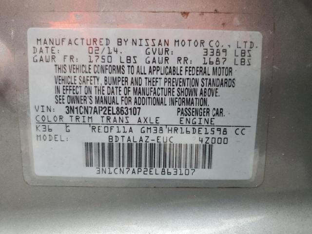 3N1CN7AP2EL863107 - 2014 NISSAN VERSA S GRAY photo 13