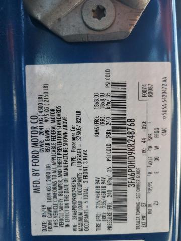 3FA6P0HD9KR248768 - 2019 FORD FUSION SE 蓝色 照片 12