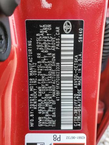 4T1BF1FK7CU623338 - 2012 TOYOTA CAMRY BASE RED photo 13