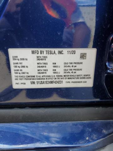 5YJSA1E24MF424231 - 2021 TESLA MODEL S Mavi foto 12