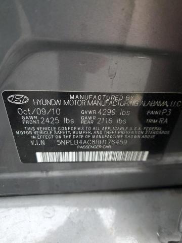 5NPEB4AC8BH176459 - 2011 HYUNDAI SONATA GLS GRAY photo 12