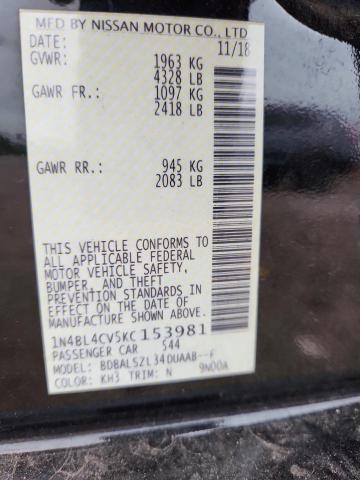 1N4BL4CV5KC153981 - 2019 NISSAN ALTIMA SR أسود صورة 12