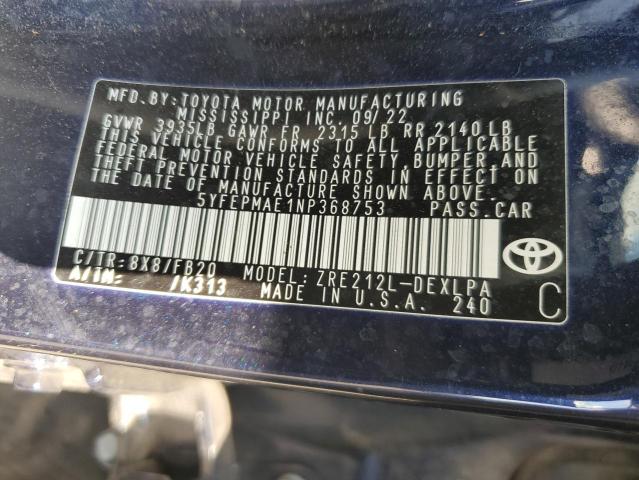 5YFEPMAE1NP368753 - 2022 TOYOTA COROLLA LE BLUE photo 13